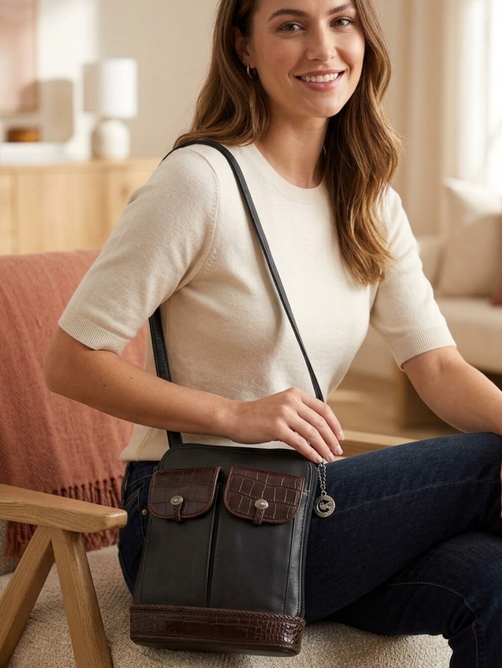 Brighton Black Crossbody with Brown Croc-Trim
